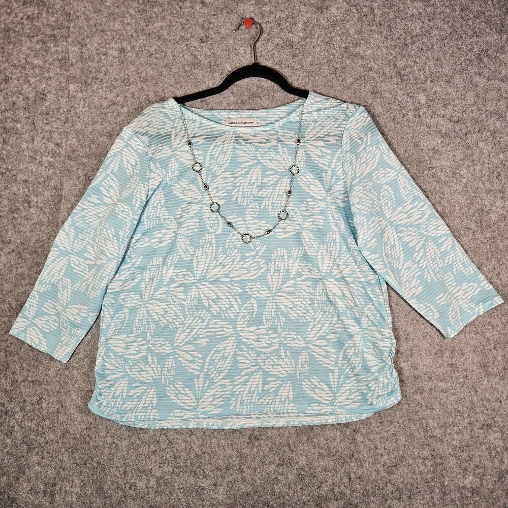 Alfred Dunner Womens Aqua White Floral Hanging Necklace 3/4 Sleeve Top Size PM